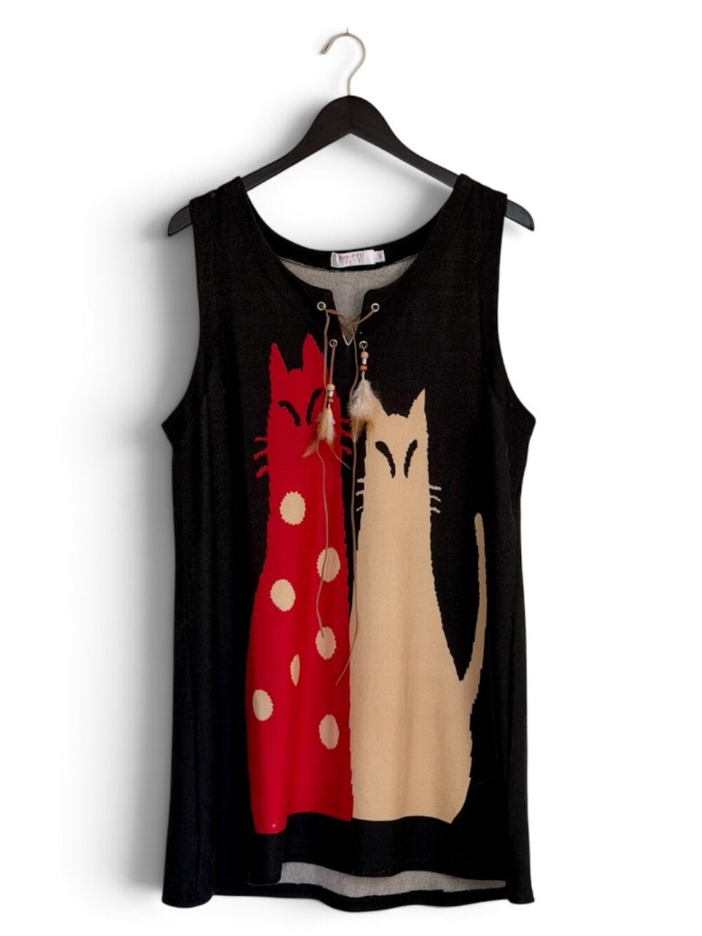 VTG Funky People Knit Cat Dress Tunic Tank Top Boho Whimsical Feathers XL